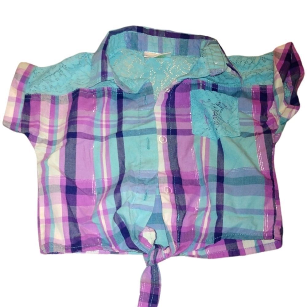Little Girls "Pink House" Lace Plaid Button Down Shirt Ties In The Front Size 5